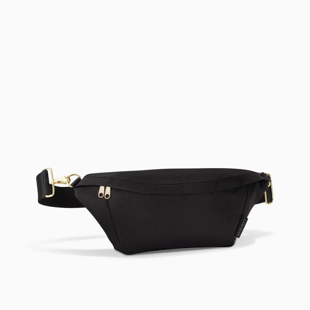 Canvelle Classic Fanny Pack Black Minimalist Waist Bag with Gold Hardware